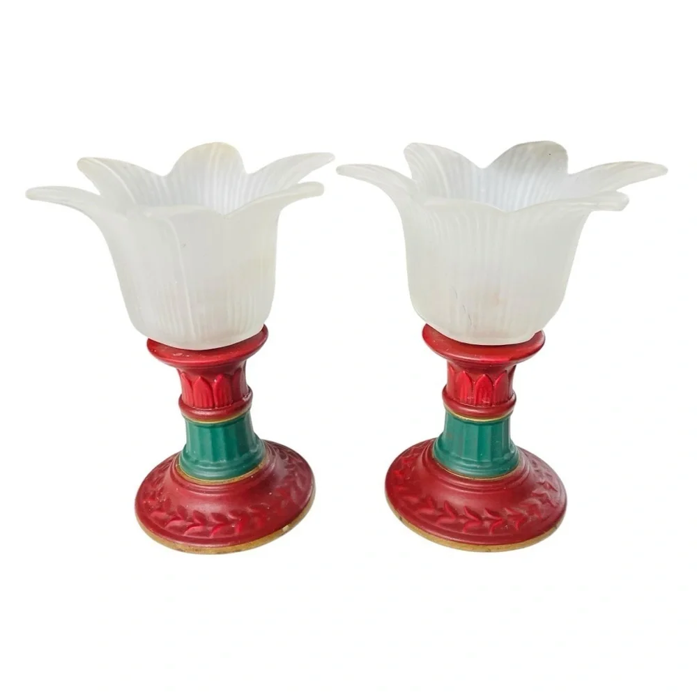 Vintage Portuguese Frosted Tulip Glass Candle Holders Set of 2 6
